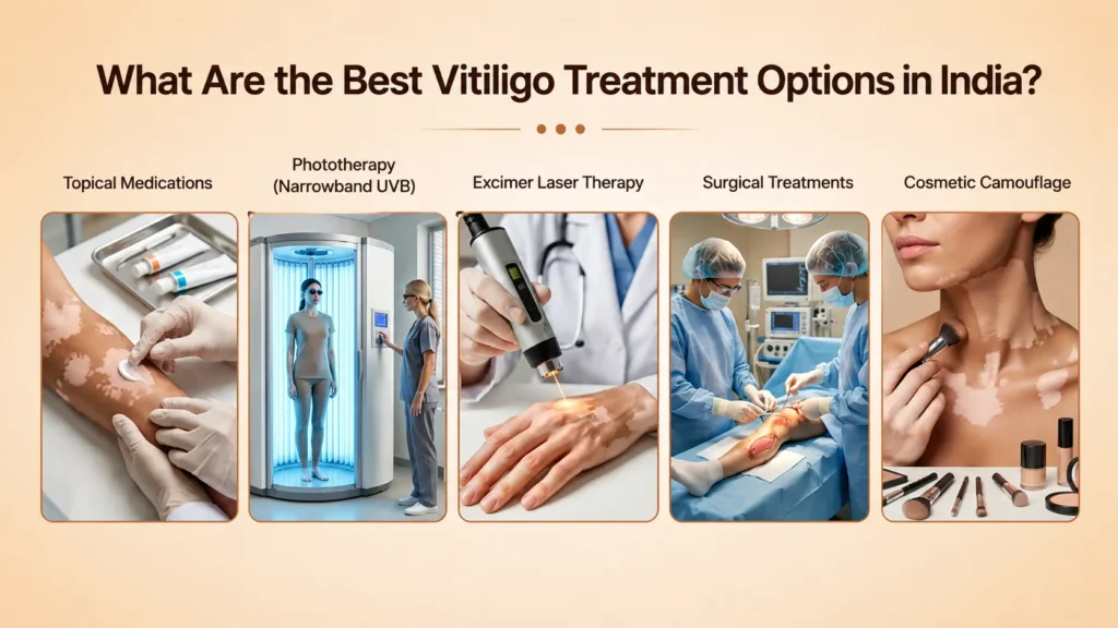 Medical illustration showing the best vitiligo treatment options in India, including phototherapy, laser treatment, medicines, and surgical procedures.