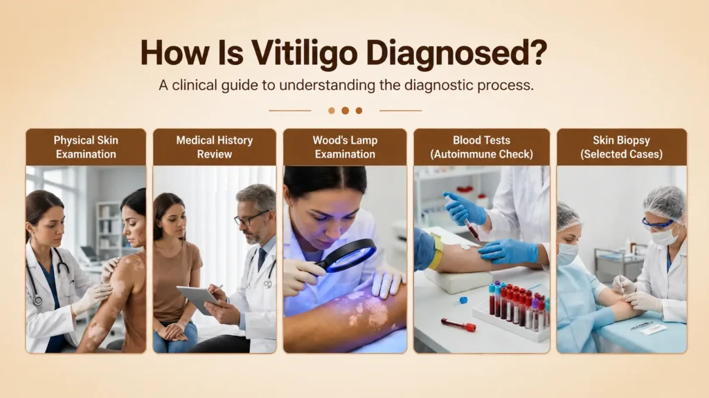 Dermatologist diagnosing vitiligo using a skin examination, Wood's lamp, blood tests, and skin biopsy.