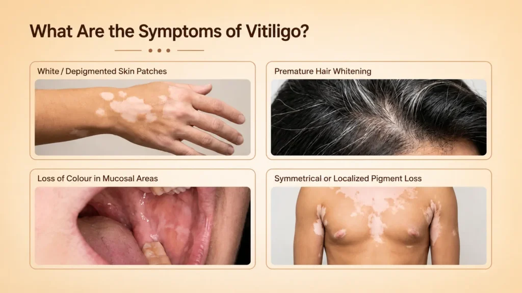 Medical illustration showing common vitiligo symptoms, including white patches on the face, hands, arms, and neck.