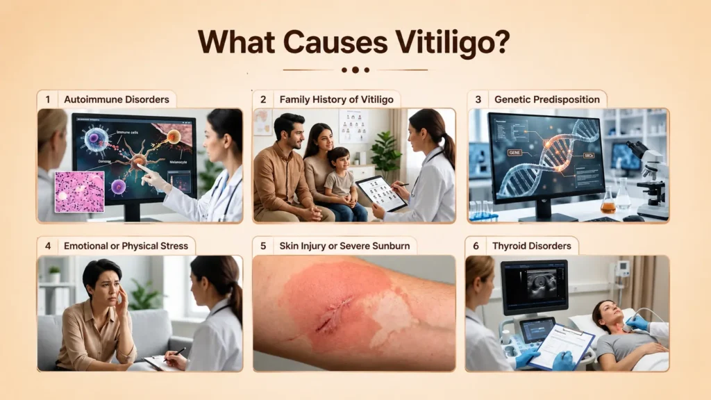 Illustration showing the common causes of vitiligo, including autoimmune response, genetics, and environmental triggers.
